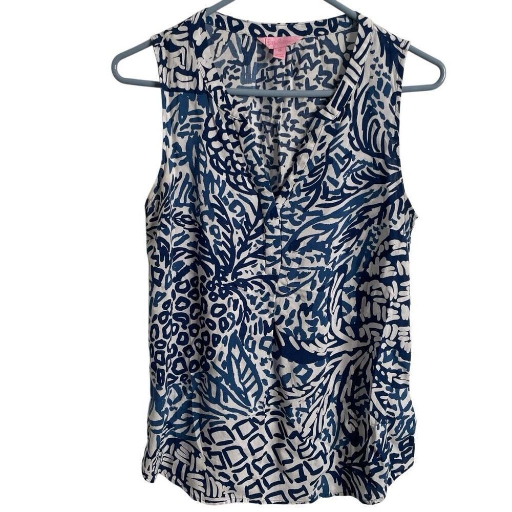 Lilly Pulitzer Womens Stacey Top XS Blue Batik Sleeveless Lightweight Resortwear